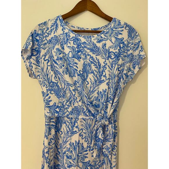 Lilly Pulitzer Inka Dress Resort White Aqua Blue Lounge Front Tie EUC Spandex S - Picture 4 of 12